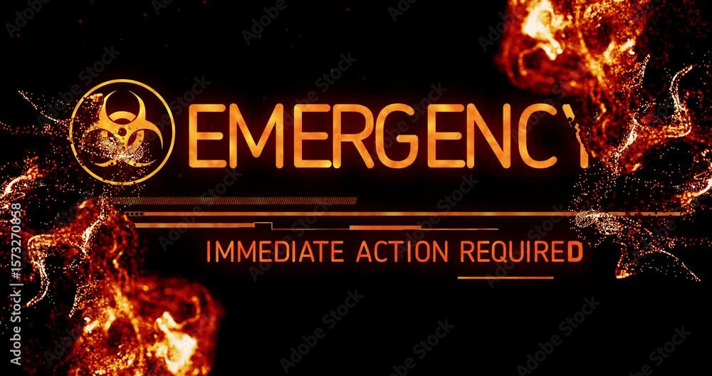 Poster particles pulsing in void causing biohazard emblem glowing and text morphing for urgent alert