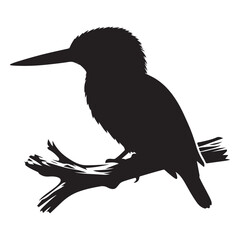 Kingfisher perched on branch vector silhouette, Wildlife animals.