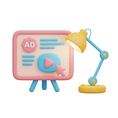 3D digital marketing presentation board with video ad icon and lamp. Isolated on transparent background, png