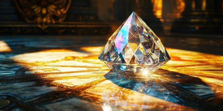 Refracted prism light around glowing transparent crystal on ornate gem setting PNG