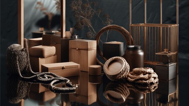 Eco packaging display with kraft boxes string and rope rustic sustainable shipping branding background scene