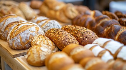 Assorted fresh artisan breads displayed on bakery shelf rustic golden crust variety breakfast carbohydrates selection