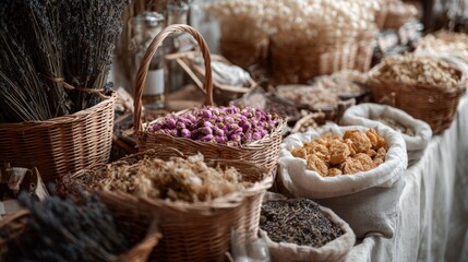 Obraz premium Rustic herbal market display with woven baskets spices flowers and natural textures interior vintage setting