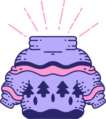 illustration of a traditional tattoo style christmas jumper in bright neon color