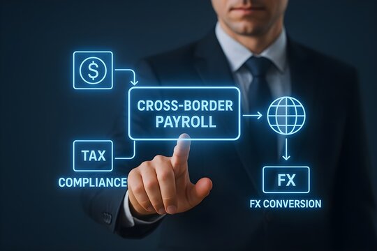 A businessman interacts with a digital interface illustrating the process of cross-border payroll, encompassing tax compliance and foreign exchange conversion.