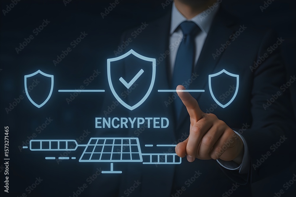 Poster a businessman interacts with a digital interface, showcasing data encryption and secure transfer.