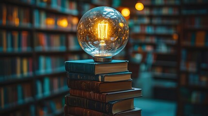 Books stack beneath glowing bulb, blurred library background