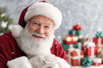 Close-up smiling Santa Claus white beard wearing red hat suit blurred background gifts Christmas lights