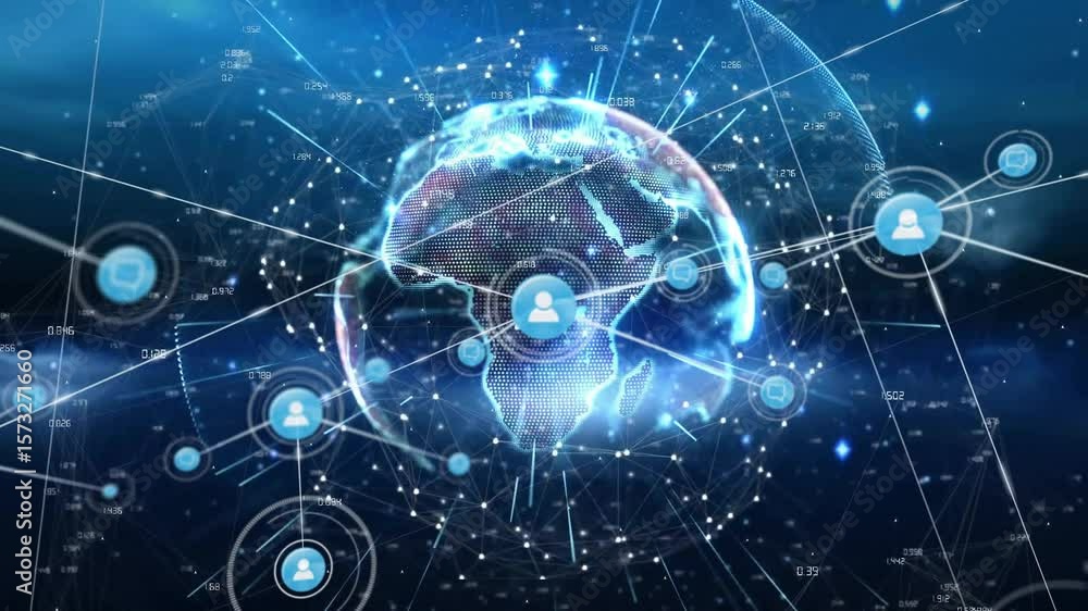 Poster on user icon fading in, globe rotating, sending glowing lines connecting nodes to visualize network