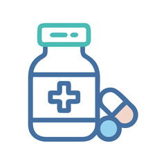 Obraz premium Illustration of a medicine bottle with a plus sign and pills in blue and teal color scheme design art