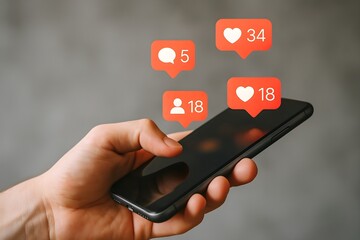 A hand holds a phone, displaying various social media notification icons, signifying likes, comments, and followers.