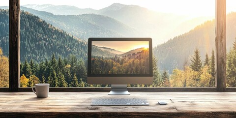 Rustic monitor riser with morning sunlight and clear view of distant mountain ridge