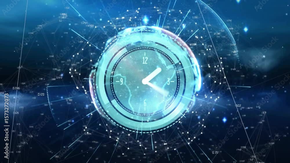 Poster rotating grid globe forming ring glow, pulsing nodes, sweeping clock hands visualizing time