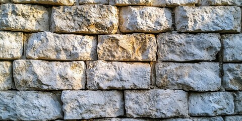 Obraz premium Rustic white wall of stone blocks lit by sunset, revealing fine details