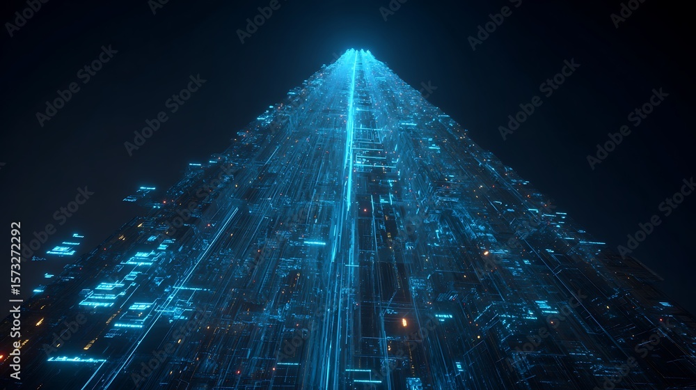 Poster massive data archive tower glowing with holographic ai blueprints and floating computational results