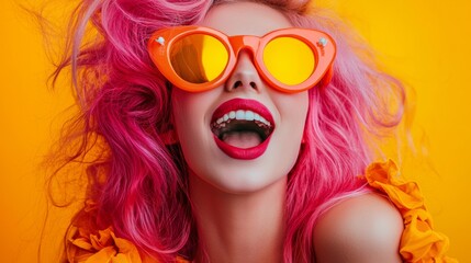 Excited woman with pink hair yellow sunglasses over orange background fun style pop fashion