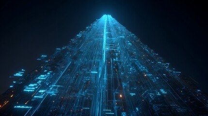 Massive data archive tower glowing with holographic AI blueprints and floating computational results