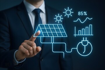 A businessman uses a digital interface showing solar panel technology, energy efficiency, and data charts.