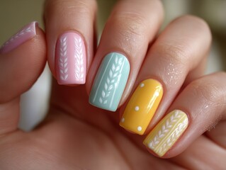 female hand colorful summer style manicure fern leaf design several nails