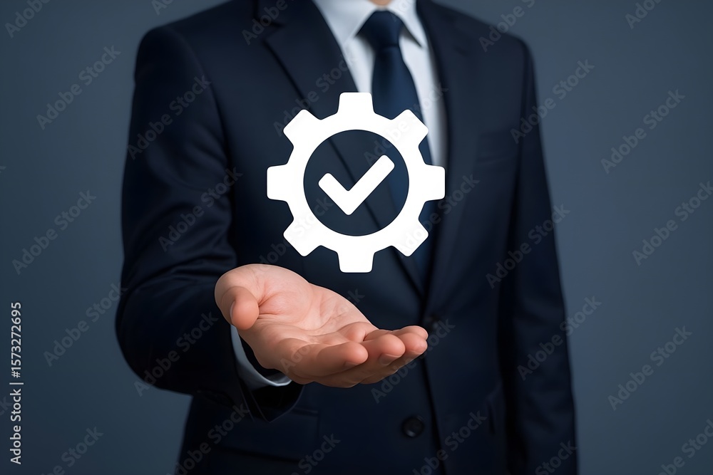 Poster a businessman in a suit presents a digital gear with a checkmark, symbolizing successful project com