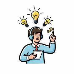 Man with headphones thinking, ideas, and inspiration