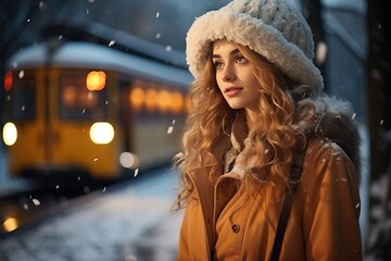 A young girl at the train station waiting for a train in winter