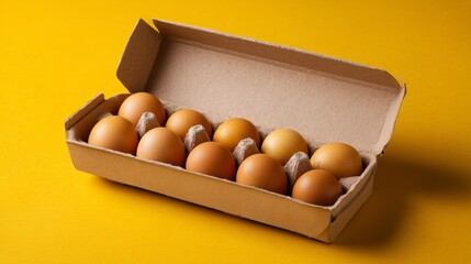 Eggs in cardboard carton on yellow background minimal food photography concept healthy organic product