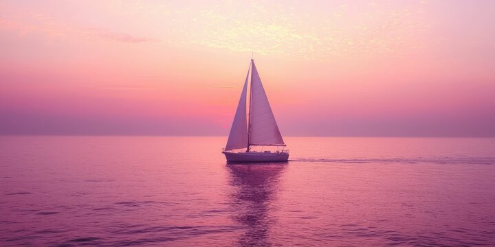 Sailboat on a dreamy lavender sea under a soft peach twilight