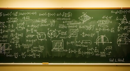 A chalkboard filled with complex mathematical equations and geometric diagrams.