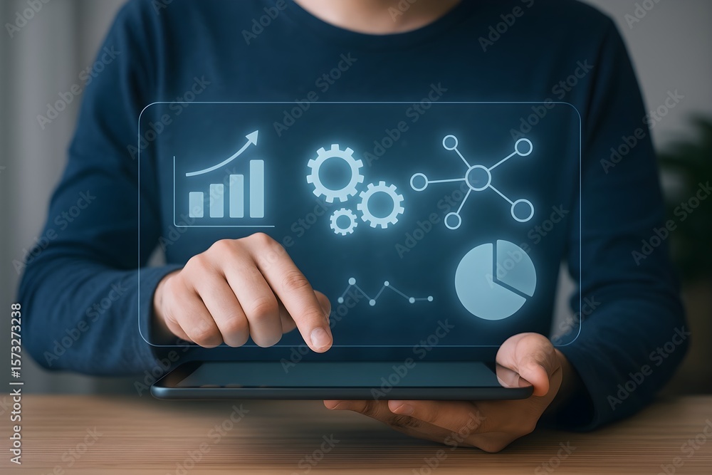 Poster a person uses a tablet to analyze charts, graphs, and network diagrams, showcasing data analysis and
