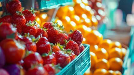 Fresh strawberries and oranges displayed in green crate supermarket produce aisle healthy food photography layout