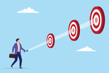 Vector illustration of a businessman focusing light on short term, mid term, and long term targets, symbolizing strategic focus, vision, and goal-driven planning across timeframes
