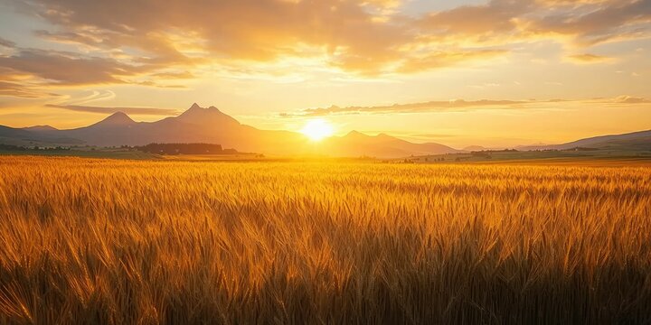 Scenic sunset view over wheat field and dramatic peaks fading into horizon