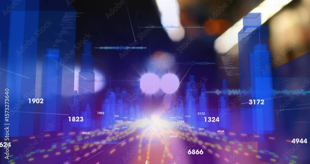 Poster orb starting pulsing data points, 3d towers rising and numbers updating guiding viewer motion