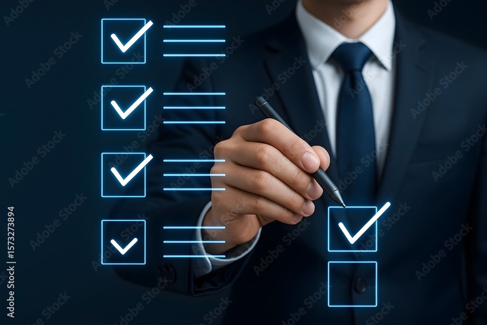 Aufkleber a businessman in a suit uses a stylus to check off items on a glowing digital checklist, signifying 