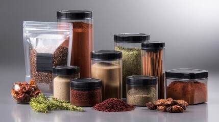 Set of food spices and herbs in clear jars on white background culinary kitchen ingredient branding concept