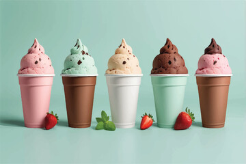 Vanilla, Strawberry, Chocolate, isolated background. White paper cup mockup, parlour shop menu dessert, vibrant colorful classic flavour 