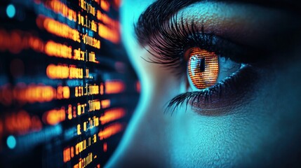 Close-up eye reflecting code on a screen