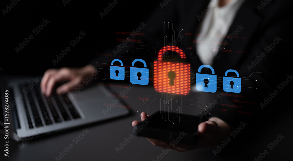Poster digital security concept illustrating a cybersecurity breach, with a red unlocked padlock indicating