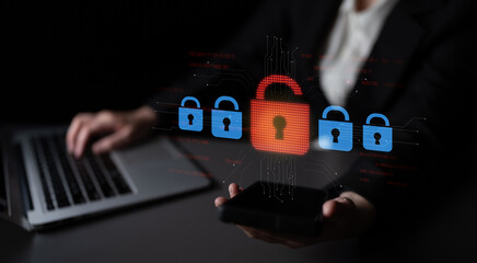 Digital security concept illustrating a cybersecurity breach, with a red unlocked padlock...