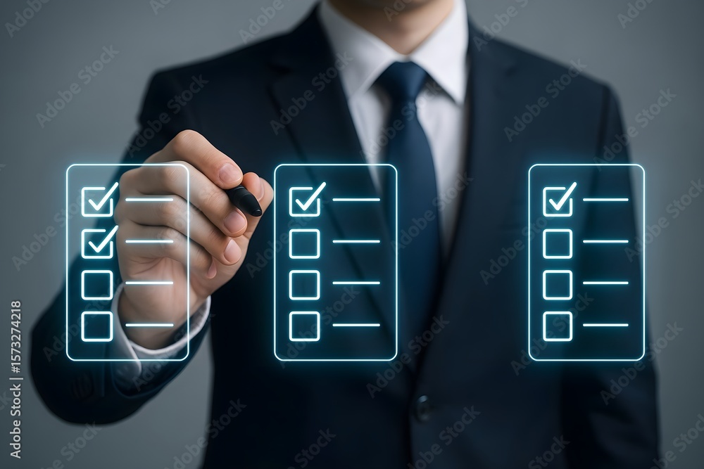 Poster a businessman in a suit uses a digital pen to check off items on a virtual checklist, signifying tas
