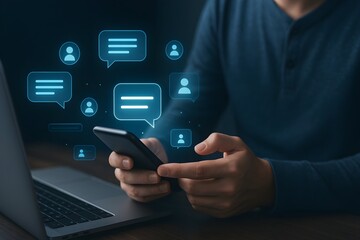 A man sits at a desk using a smartphone, with glowing chat bubbles and user icons floating above.