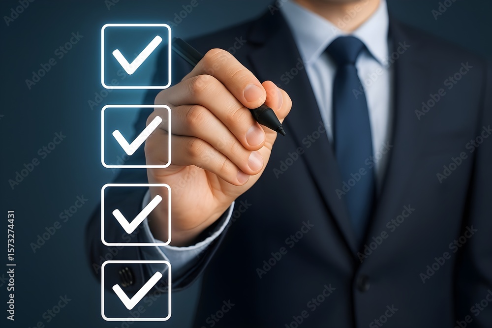 Aufkleber a businessman in a suit uses a stylus to check off items on a glowing digital checklist. the image c