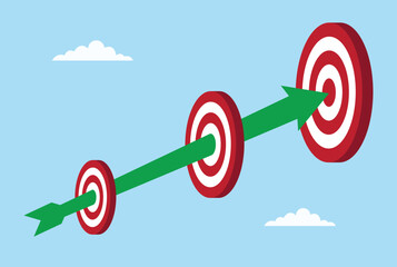Vector illustration of arrows piercing through short term, medium term, and long term goals, symbolizing focused effort, persistence, and success across all planning stages
