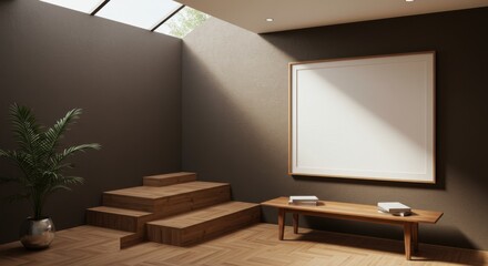 Serene Interior: A minimalist interior space bathed in natural light, featuring a clean, modern design with wooden accents and an open atmosphere. 