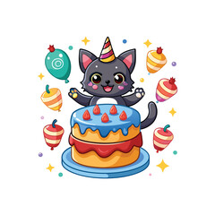 Cute birthday cat popping out of colorful cake illustration, festive party celebration, adorable pet with birthday hat, white background, fun and cheerful vector art