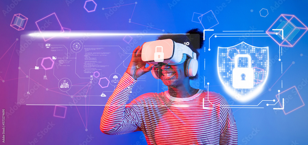 Aufkleber a person joyfully interacting with virtual reality while exploring concepts of cybersecurity, privac