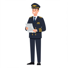 A smiling male pilot in uniform holding a document, looking confident and professional.