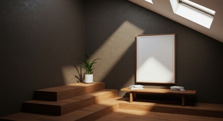 Minimalist Attic Room Mockup: Sunlit minimalist attic room interior design mockup with wooden steps, a low bench, and a large blank frame perfect for showcasing artwork or branding.