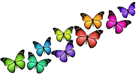 Diagonal row of colourful gradient butterflies
